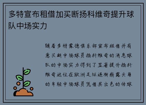 多特宣布租借加买断扬科维奇提升球队中场实力